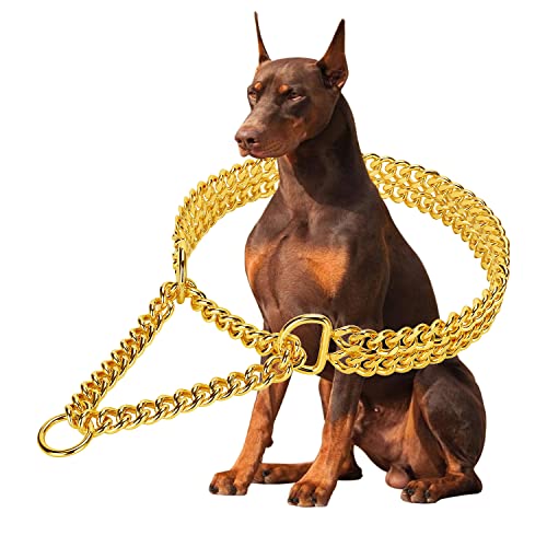 Goldfarbenes Hundehalsband, Edelstahl, 18-karätiges Gold, verstellbares Gehen, Metall, Cuban Link Panzerkette, kaufest, zweireihige Kette, für große, kleine, mittelgroße Hunde, 30,5–40,6 cm, 18 Karat Goldfarbenes Hundehalsband, Edelstahl, 18-karätiges Gold, verstellbares Gehen, Metall, Cuban Link Panzerkette, kaufest, zweireihige Kette, für große, kleine, mittelgroße Hunde, 30,5–40,6 cm, 18 Karat von KINGOLDOGS