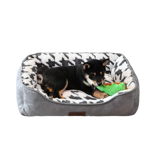 KINGROCK Hundebett, quadratisch, waschbar, Größe M, S, Nackenrolle, Plüsch, Rosenkreis von KINGROCK