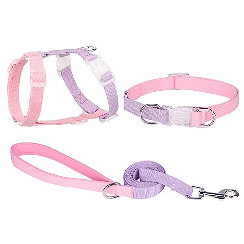 KINLYBO 3-teiliges Haustier-Brustgeschirr-Set, verstellbarer Hals für Katzen, mit Zugseil, Pink/Violett, Größe M von KINLYBO