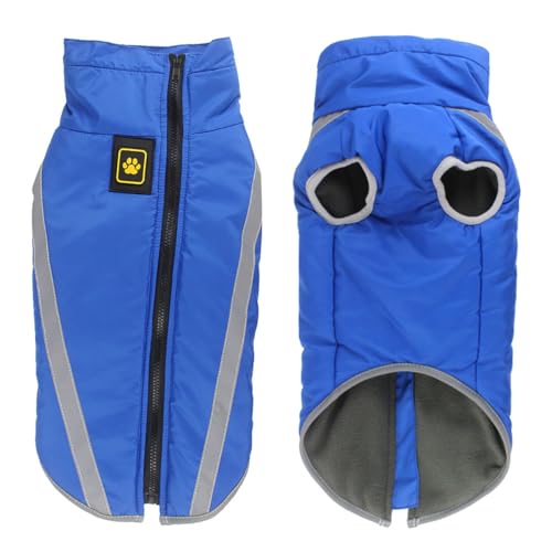 KINLYBO Hunde-Wintermantel, wasserdicht, winddicht, reflektierend, verstellbarer Hals, warme Weste, Kleidung, Blau, 5XL von KINLYBO