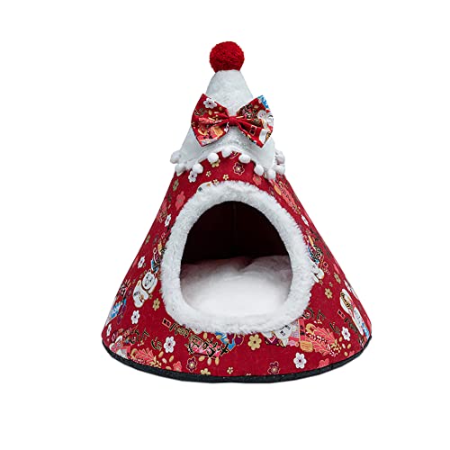 KINLYBO Weihnachtsbaum-Katzenhaus-Bett, warm, weich, tragbar, für den Innenbereich, Höhlennest für Kätzchen, Rot M von KINLYBO