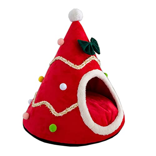 KINLYBO Weihnachtsbaum-Katzenhaus-Bett, warm, weich, tragbar, für den Innenbereich, Höhlennest für Kätzchen, roter Baum, L von KINLYBO