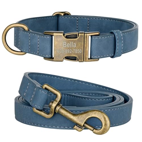KINYABLUE Hundehalsband und Leine, Set für kleine, mittelgroße und große Hunde, weiches Leder, personalisierbar, mit strapazierfähiger 1,2 m langer Leder-Hundeleine (Blau, M) von KINYABLUE