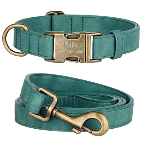 KINYABLUE Hundehalsband und Leine, Set für kleine, mittelgroße und große Hunde, weiches Leder, personalisierbar, mit strapazierfähiger 1,2 m langer Leder-Hundeleine (Grün, L) von KINYABLUE