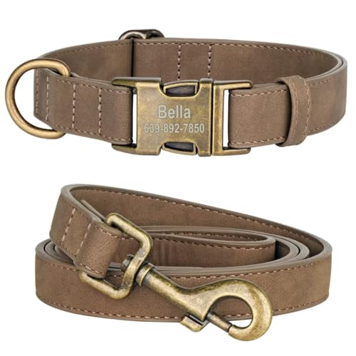 KINYABLUE Hundehalsband und Leine, Set für kleine, mittelgroße und große Hunde, weiches Leder, personalisierbar, mit strapazierfähiger 1,2 m langer Leder-Hundeleine (Kaffeebraun, S) von KINYABLUE