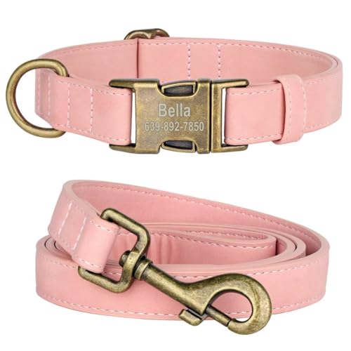 KINYABLUE Hundehalsband und Leine, Set für kleine, mittelgroße und große Hunde, weiches Leder, personalisierbar, mit strapazierfähiger 1,2 m langer Leder-Hundeleine (Rosa, M) von KINYABLUE