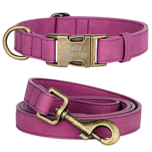 KINYABLUE Hundehalsband und Leine, Set für kleine, mittelgroße und große Hunde, weiches Leder, personalisierbar, mit strapazierfähiger 1,2 m langer Leder-Hundeleine (Violett, S) von KINYABLUE