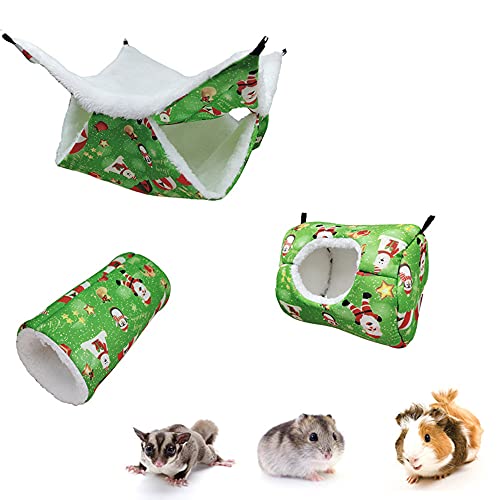 KIPETTO 3-teiliges Hamster-Hängematten-Set für kleine Haustiere, Weihnachtsdesign, Meerschweinchen, Rattenkäfig, Zubehör für Kaninchen, Eichhörnchen, Spielen, Schlafen, Grün von KIPETTO