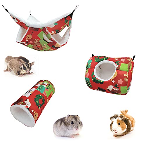 KIPETTO 3-teiliges Hamster-Hängematten-Set für kleine Haustiere, Weihnachtsdesign, Meerschweinchen, Rattenkäfig, Zubehör für Kaninchen, Eichhörnchen, Spielen, Schlafen, Rot von KIPETTO
