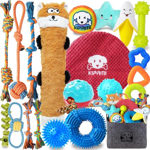 KIPRITII Welpenspielzeug zum Zahnen von Hunden, 25 Stück, verschiedene Kauspielzeuge für Welpen, Hunde mit Seilspielzeug, Leckerli-Bälle und quietschendes Spielzeug für Welpen und kleine Hunde von KIPRITII