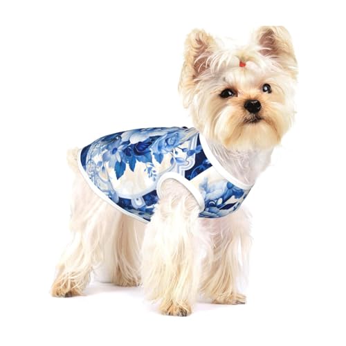 Hunde-Shirt aus Baumwolle, mit blauen Blumen, weich, atmungsaktiv, für Hunde, Katzen, Jungen, Mädchen, Haustier-T-Shirt, geeignet für kleine Haustiere von KIRROWE