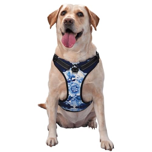 Hundegeschirr mit blauen Blumen, ausgestattet mit reflektierenden Haustiergurten und Schnellverschlussschnallen, geeignet für alle Arten von Hunden von KIRROWE