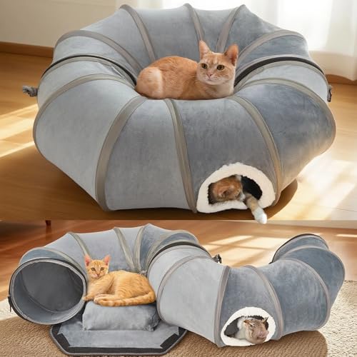 Katzentunnel für Indoor-Katzen – Faltbares Katzentunnelbett mit hängendem Ball, weicher Kristallsamt, rundes Donut-Spielzeug, faltbarer Haustier-Spieltunnel für Kätzchen bis 12 bs, Grau Katzentunnel für Indoor-Katzen – Faltbares Katzentunnelbett mit hängendem Ball, weicher Kristallsamt, rundes Donut-Spielzeug, faltbarer Haustier-Spieltunnel für Kätzchen bis 12 bs, Grau von KISFLY