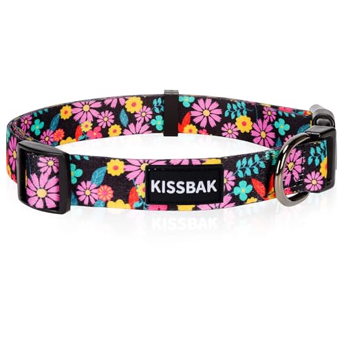 KISSBAK Hundehalsband für große Hunde - Niedliches Halsband für kleine, mittlere und große Mädchenhunde mit weichen, verstellbaren Blumenmotiven in Mädchenwelpen (L,Rosa Gänseblümchen) von KISSBAK