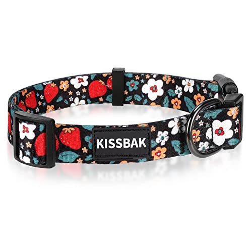 KISSBAK Hundehalsband für große Hunde - Niedliches Halsband für kleine, mittlere und große Mädchenhunde mit weichen, verstellbaren Blumenmotiven in Sonnenblumenoptik Mädchenwelpen (L,Erdbeere) von KISSBAK