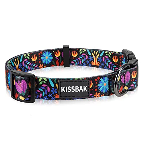 KISSBAK Hundehalsband für große Hunde - Niedliches Halsband für kleine, mittlere und große Mädchenhunde mit weichen, verstellbaren Blumenmotiven in Sonnenblumenoptik Mädchenwelpen (L,Floral lila) von KISSBAK