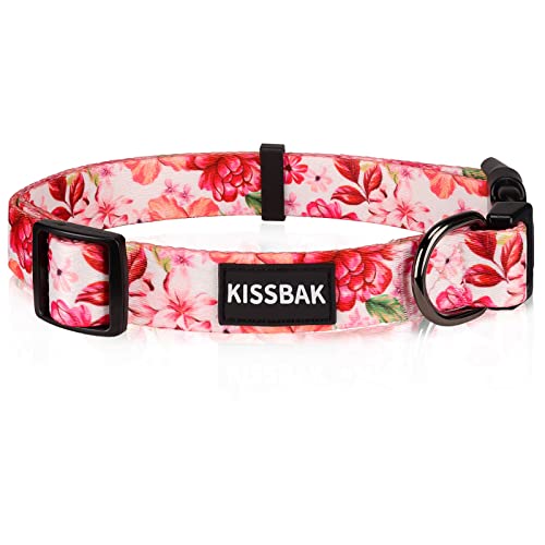 KISSBAK Hundehalsband für mittelgroße Hunde - Niedliches Halsband für kleine mittlere große Mädchenhunde mit weichen verstellbaren Blumenmotiven in Mädchenwelpen (M, Pink Pfingstrose) von KISSBAK