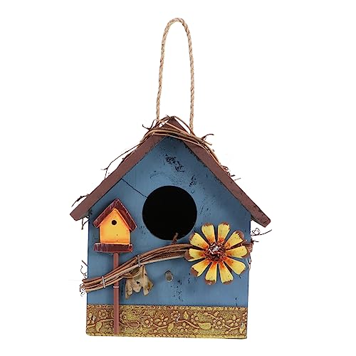 KITANDOVE Vogelhäuschen Zum Aufhängen Für Den Garten Im Freien Vogelnest Aus Holz Vogelhäuschen Für Papageien Dekoratives Ornament Blauer Metallrand von KITANDOVE