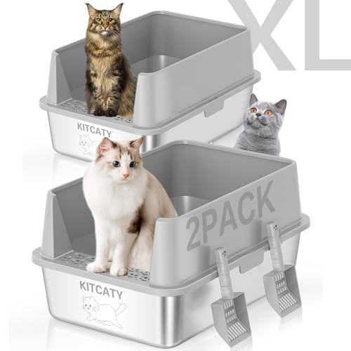 2 Pack Edelstahl Katzen Toilette, Metall Katzentoilette mit Deckel hohe Seiten, XL Extra große Katzentoilette für große Katzen, nimmt nie Gerüche auf, auslaufsicher, fleckenfrei, rostfrei, leicht zu 2 Pack Edelstahl Katzen Toilette, Metall Katzentoilette mit Deckel hohe Seiten, XL Extra große Katzentoilette für große Katzen, nimmt nie Gerüche auf, auslaufsicher, fleckenfrei, rostfrei, leicht zu von KITCATY