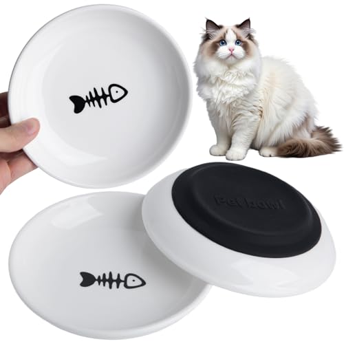 Futternapf für Katzen, Keramik, Anti-Schnurrhaar, Müdigkeit, Katzennapf, 15 cm, flache, breite Kätzchen-Teller mit Silikonboden für Nass-/Trockenfutter, Haustiere im Innenbereich (Fischknochen) von KITCHENLESTAR