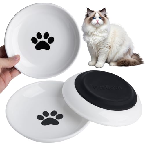Futternapf für Katzen, Keramik, gegen Schnurrhaar, Müdigkeit, 15 cm, flache, breite Kätzchen-Teller mit Silikonboden für Nass-/Trockenfutter, Haustiere im Innenbereich (Pfote) von KITCHENLESTAR