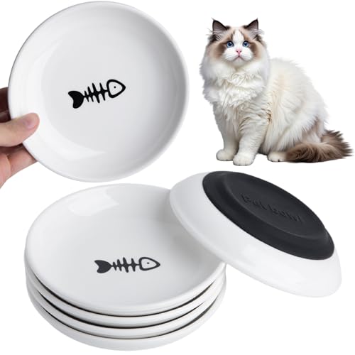 KITCHENLESTAR Katzenfutterschüssel-Set, Keramik, Anti-Schnurrhaar, Müdigkeit, Katzennapf, 15 cm, flache, breite Kätzchen-Teller mit Silikonboden für Nass-/Trockenfutter, Haustiere im Innenbereich von KITCHENLESTAR