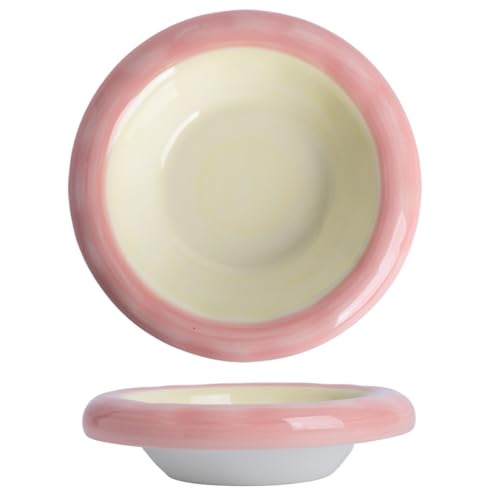 KITCHENLESTAR Keramik-Katzenfutternapf, 170 ml breit, flach, Schnurrhaar-Ermüdung, Anti-Erbrechen, Wirbelsäulenschutz für Katzen, spülmaschinen- und mikrowellengeeignet, 15,2 cm, Gelb und Rosa von KITCHENLESTAR