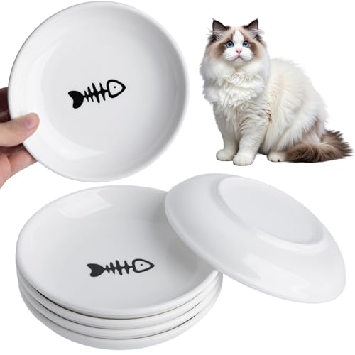 Katzenfutterschüssel-Set, Keramik, Anti-Schnurrhaar, Müdigkeit, Katzennapf, 15 cm, flache, breite Kätzchen-Teller für Nass-/Trockenfutter, Haustiere im Innenbereich (Fischknochen) von KITCHENLESTAR