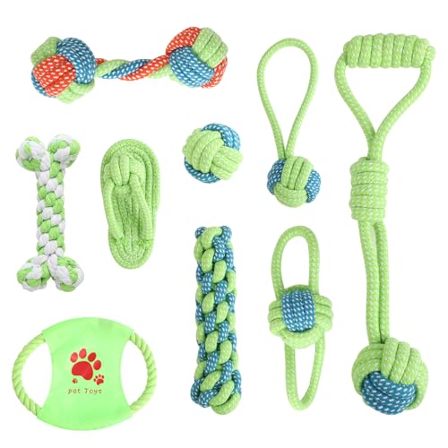KITDAHOM 9er Hundespielzeug Set - Welpen Spielzeug - Baumwollmaterial - Fördert Zahnpflege, lindert Stress, verhindert Möbelbeschädigung - Für kleine Hunde, Hundespiel und Training (Grün) von KITDAHOM