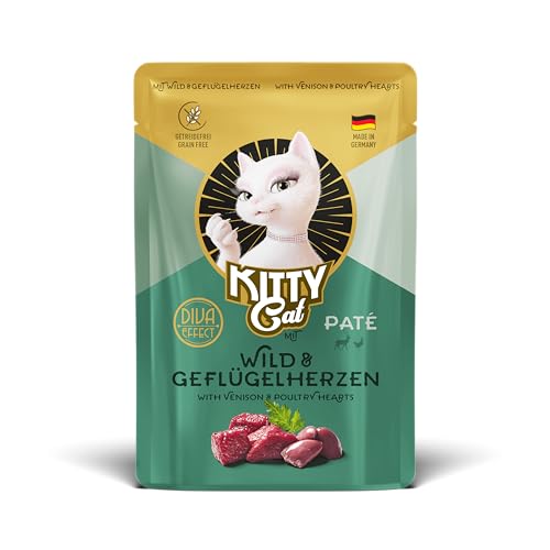 KITTY Cat Paté Wild & Geflügelherzen, 48 x 85 g (Großpackung), Nassfutter für Katzen, getreidefreies Katzenfutter mit Taurin und Lachsöl, Alleinfuttermittel mit hohem Fleischanteil, Made in Germany von KITTY Cat
