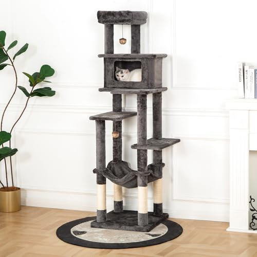 KITTY KINGDOM Großer Katzenbaum für Indoor-Kätzchen, mehrstufiger Katzenturm mit 4 Kratzstämmen, Katzenhöhle, Hängematte, Sitzstange und verstärktem Boden, Plüschgrau, 165,1 cm KITTY KINGDOM Großer Katzenbaum für Indoor-Kätzchen, mehrstufiger Katzenturm mit 4 Kratzstämmen, Katzenhöhle, Hängematte, Sitzstange und verstärktem Boden, Plüschgrau, 165,1 cm von KITTY KINGDOM