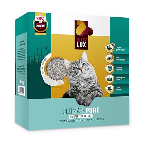 KittyLux klumpende Katzenstreu Ultimate Pure 2x10kg ohne Duft für Sensible Katzen, Klumpstreu 100% Naturbentonit, extrem staubarm, Feste Klumpenbildung, schnelle Geruchsbildung, geringer Verbrauch von KITTYLUX