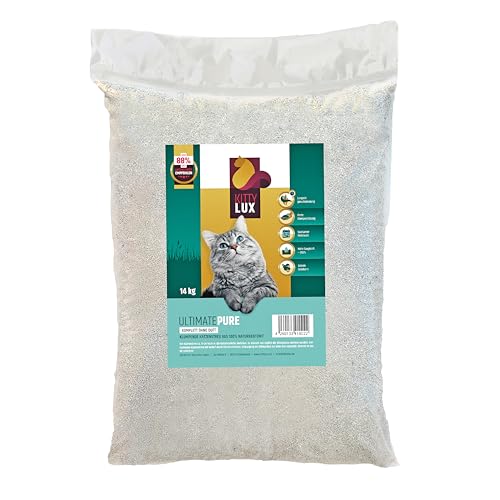 KittyLux klumpende Katzenstreu Ultimate Pure 4x14kg ohne Duft für Sensible Katzen, Klumpstreu 100% Naturbentonit, extrem staubarm, Feste Klumpenbildung, schnelle Geruchsbildung, geringer Verbrauch von KITTYLUX