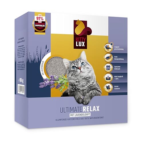 KittyLux klumpende Katzenstreu Ultimate Relax 2x10kg mit Lavendelduft für Sensible Katzen, Klumpstreu 100% Naturbentonit, Feste Klumpenbildung, schnelle Geruchsbildung, geringer Verbrauch von KITTYLUX