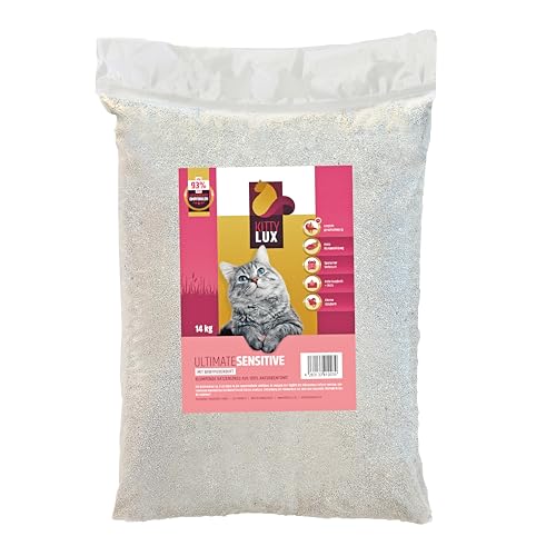 KittyLux klumpende Katzenstreu Ultimate Sensitive 14kg mit Babypuderduft für Sensible Katzen, Klumpstreu 100% Naturbentonit, Feste Klumpenbildung, schnelle Geruchsbildung, geringer Verbrauch von KITTYLUX