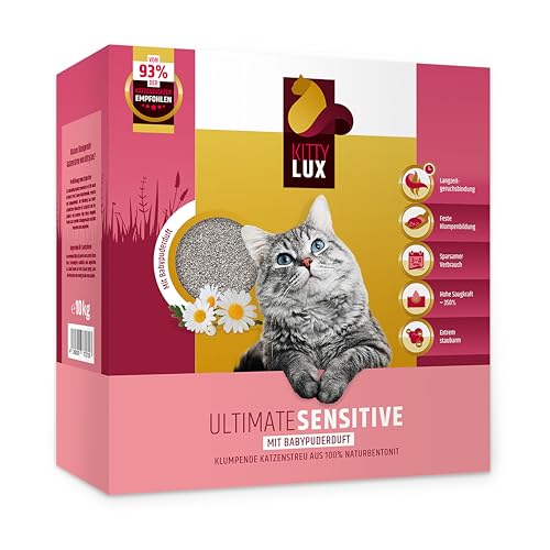 KittyLux klumpende Katzenstreu Ultimate Sensitive 2x10kg mit Babypuderduft für Sensible Katzen, Klumpstreu 100% Naturbentonit, Feste Klumpenbildung, schnelle Geruchsbildung, geringer Verbrauch von KITTYLUX