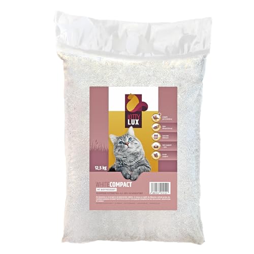 KittyLux klumpende Katzenstreu White Compact 2x12,5kg mit Babypuderduft für Sensible Katzen, Klumpstreu 100% Naturbentonit, Feste Klumpenbildung, schnelle Geruchsbildung, geringer Verbrauch von KITTYLUX