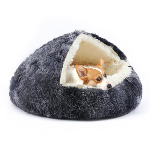KITTYWOO Hundebett, rund, mit Kapuze, Plüsch, Katzenhöhle, selbstwärmend, Donut-Form, Anti-Angst, flauschiges Haustierbett für Welpen und Kätzchen von KITTYWOO