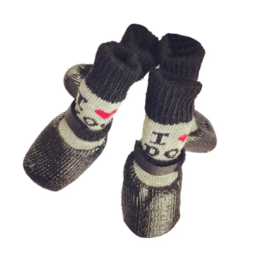 KIXZSAZ 4 Stück warme reflektierende Haustierschuhe Baumwolle Regen Schneestiefel rutschfeste Socken Set Strumpf Hartholz drinnen und draußen, Liebe Schwarz, M von KIXZSAZ