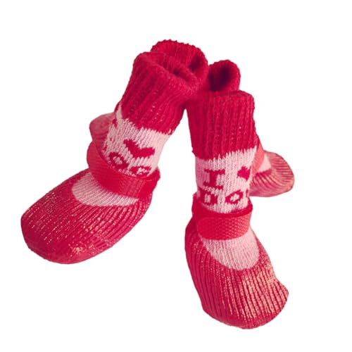 KIXZSAZ 4 Stück warme reflektierende Haustierschuhe Baumwolle Regen Schneestiefel rutschfeste Socken Set Strumpf Hartholz drinnen und draußen, Liebe rot, L von KIXZSAZ