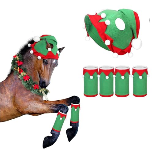 KIXZSAZ Weihnachtspferde Partykostüm Zubehör Set, Weihnachtsmann Pferdehut und Beinwickel mit Kunstpelzbesatz aus Polyester, Typ+3 von KIXZSAZ