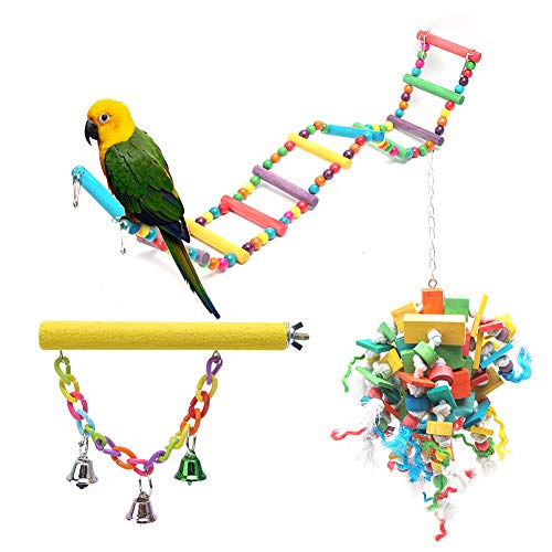 3-teiliges interaktives Vogelspielset, Aktivitätsspielzeug zum Beißen und Kauen von Papageien, buntes hängendes Vogelkäfigzubehör zur geistigen Stimulation, Vogelleiter von KJAOYU