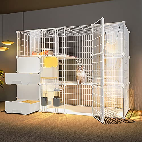 3-lagiger Katzenkäfig für den Innenbereich, großer DIY-Katzenkäfig, Katzenzaun mit 2 Katzentoiletten, abnehmbarer Haustierkäfig, Katzenzaun für kleine Haustiere (White) von KJHYYPP
