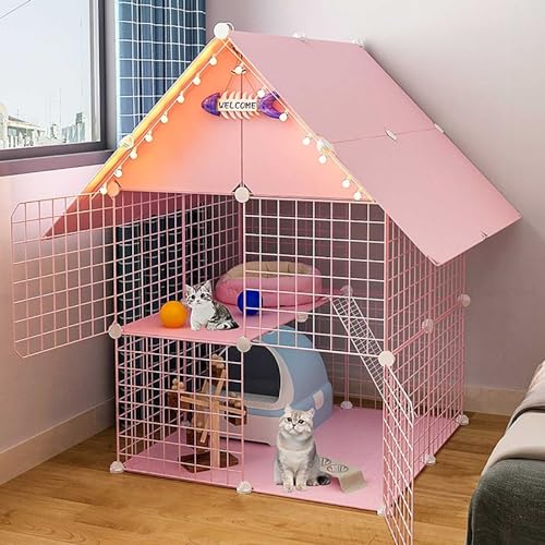 Katzenkäfig, Katzenkäfigzaun, großer 2-lagiger Katzenkäfig für den Innenbereich mit Katzentoilette, zusammenklappbarer Katzenkäfig aus Metall, DIY-Haustierzaun (Pink) von KJHYYPP