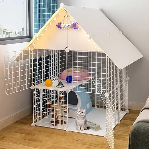 Katzenkäfig, Katzenkäfigzaun, großer 2-lagiger Katzenkäfig für den Innenbereich mit Katzentoilette, zusammenklappbarer Katzenkäfig aus Metall, DIY-Haustierzaun (White) von KJHYYPP