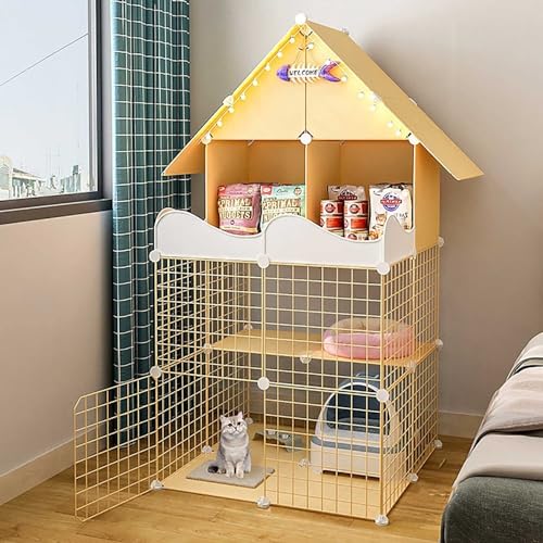 Katzenkäfigzaun, 3-lagiger Katzenkäfig für den Innenbereich, groß, mit Lagerregal, DIY-Haustierzaun für 1–3 Katzen (Yellow) von KJHYYPP