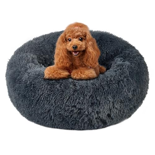 Beruhigendes rundes Katzen- und Hundebett, rutschfest, waschbar, gemütlich, weich, rund, flauschiges Kunstfell-Plüsch-Hundebett, passend für Hunde und Katzen bis zu 2,3 kg, (Donut Dunkelgrau, 40,6 x Beruhigendes rundes Katzen- und Hundebett, rutschfest, waschbar, gemütlich, weich, rund, flauschiges Kunstfell-Plüsch-Hundebett, passend für Hunde und Katzen bis zu 2,3 kg, (Donut Dunkelgrau, 40,6 x von KKBDOO