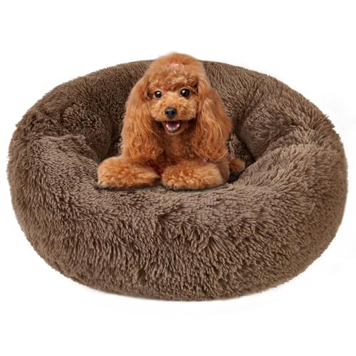 Beruhigendes rundes Katzen- und Hundebett, rutschfest, waschbar, gemütlich, weich, rund, flauschiges Kunstfell-Plüsch-Hundebett, passend für Hunde und Katzen bis zu 2,3 kg (Donut Khaki, 40,6 x 40,6 Beruhigendes rundes Katzen- und Hundebett, rutschfest, waschbar, gemütlich, weich, rund, flauschiges Kunstfell-Plüsch-Hundebett, passend für Hunde und Katzen bis zu 2,3 kg (Donut Khaki, 40,6 x 40,6 von KKBDOO