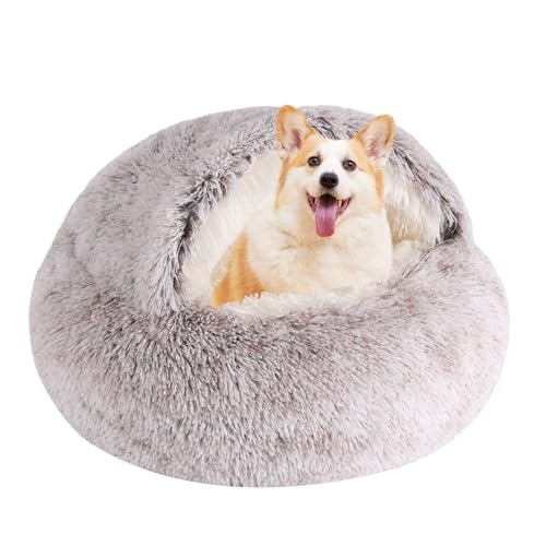 Rundes Katzenbett mit Kapuze und Hundebett, mit Höhle, Hundebett für kleine Hunde, Kunstfell-Kuschelbett, rundes Katzenbett, selbstwärmend, Donut-Hundebett, passend für Haustiere bis zu 10 kg, Kaffee, Rundes Katzenbett mit Kapuze und Hundebett, mit Höhle, Hundebett für kleine Hunde, Kunstfell-Kuschelbett, rundes Katzenbett, selbstwärmend, Donut-Hundebett, passend für Haustiere bis zu 10 kg, Kaffee, von KKBDOO