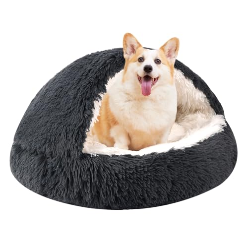 Rundes Katzenbett und Hundebett mit Kapuze und Höhle, Hundebett für kleine Hunde, Kunstfell-Kuschelbett, selbstwärmendes Donut-Hundebett für Haustiere bis zu 2,3 kg, Dunkelgrau, 40,6 x 40,6 cm Rundes Katzenbett und Hundebett mit Kapuze und Höhle, Hundebett für kleine Hunde, Kunstfell-Kuschelbett, selbstwärmendes Donut-Hundebett für Haustiere bis zu 2,3 kg, Dunkelgrau, 40,6 x 40,6 cm von KKBDOO